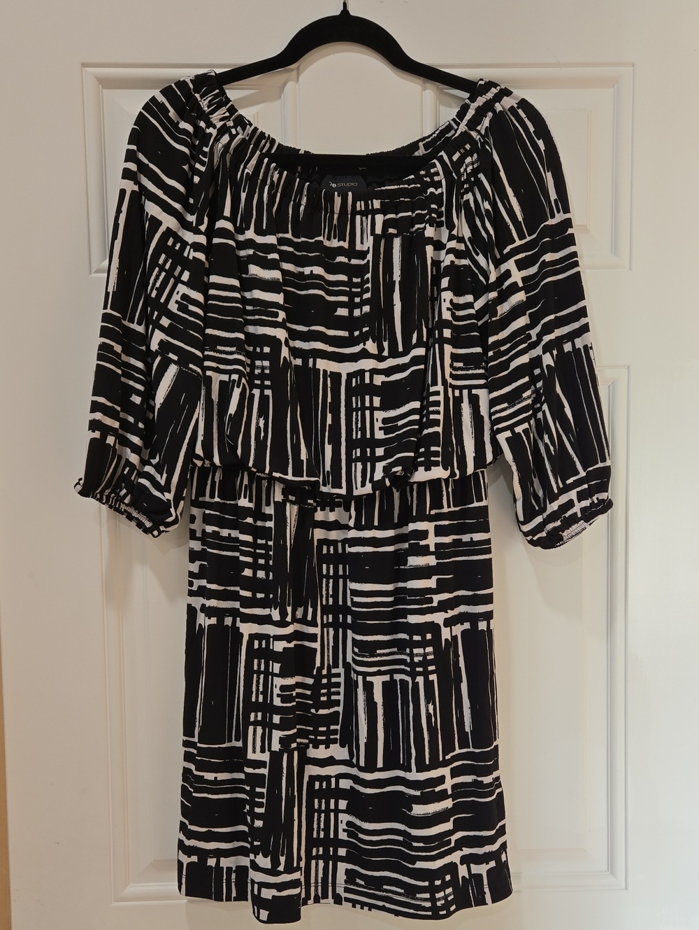 AB Studio Black and White Geometric Midi Dress